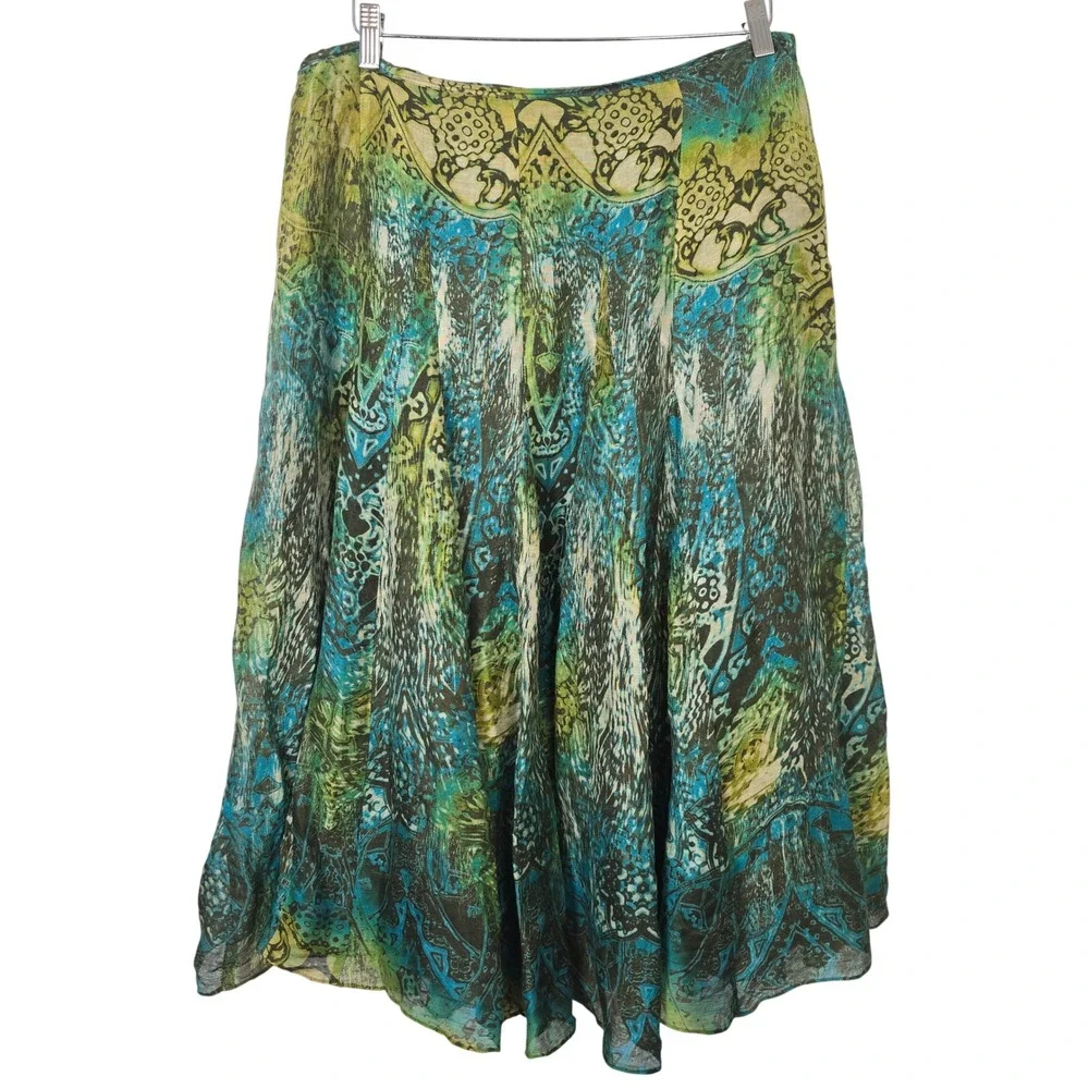 Jones New York Woman Silk Linen Blend Abstract Paisley Midi Skirt Green 16W